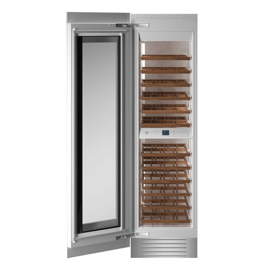 Adega Bertazzoni Dual Zone para 80 garrafas, com portas para revestir e design sofisticado. Abertura esquerda.